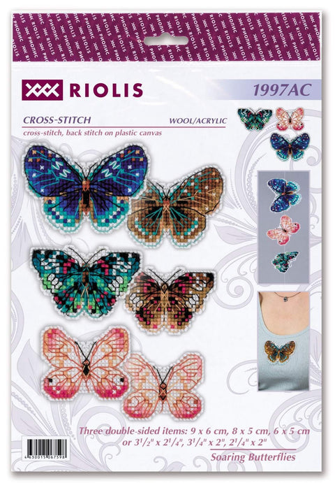 Kryželių rinkinys Riolis su šešiais spalvotais dvipusiais drugelių aplikacijų (skirtingi dydžiai 9×6, 8×5, 6×5 cm) pakuotės priekinėje pusėje