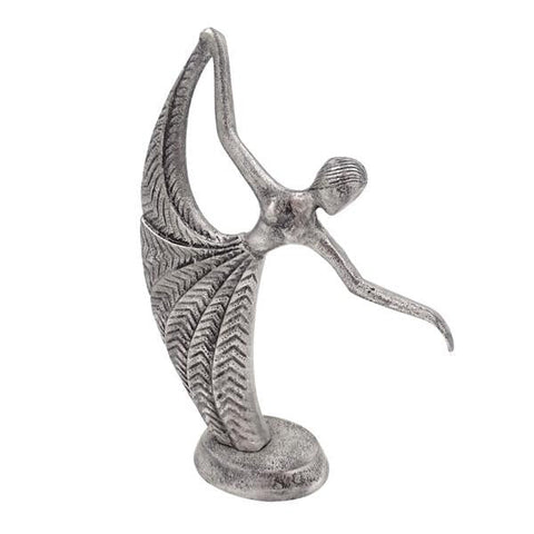 Statuetė balerinos formos, sidabrinė metalinė, su pasvirusiu kūnu ir išraiškingu raštuotu sijonu