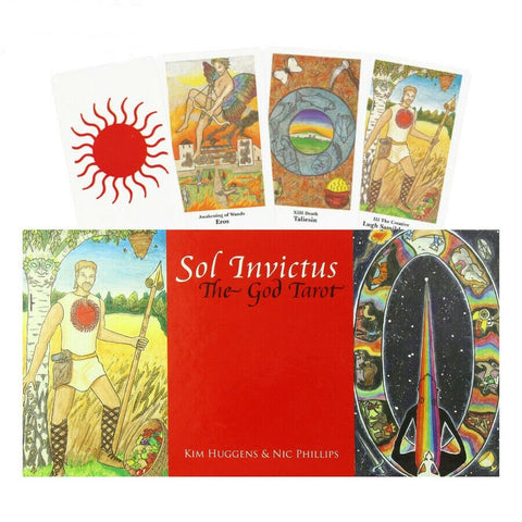 Tarot kortos Sol Invictus komplektas su ryškiai raudona dėžute ir daugiaspalvėmis iliustracijomis, dėžutės priekinė pusė