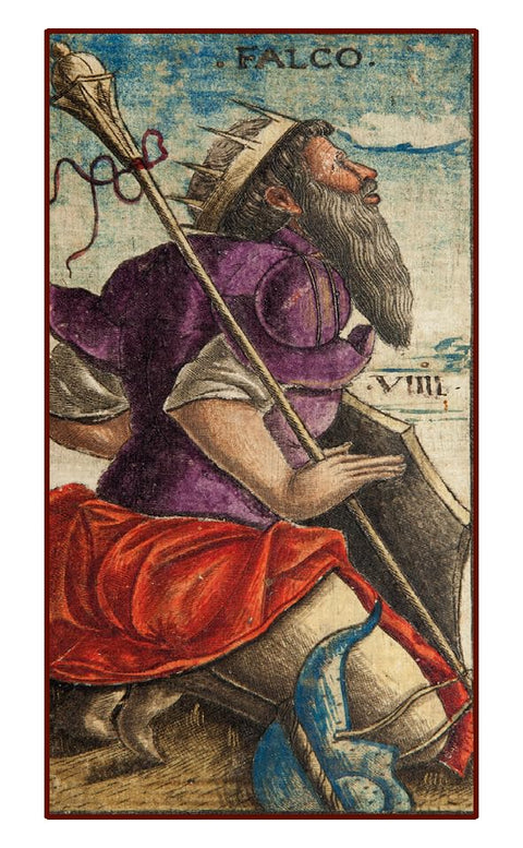 Tarot korta VIII "Falco", ranka spalvota renesanso iliustracija — vyras violetine apranga ir raudona skraistė, vertikalus artimas kadravimas