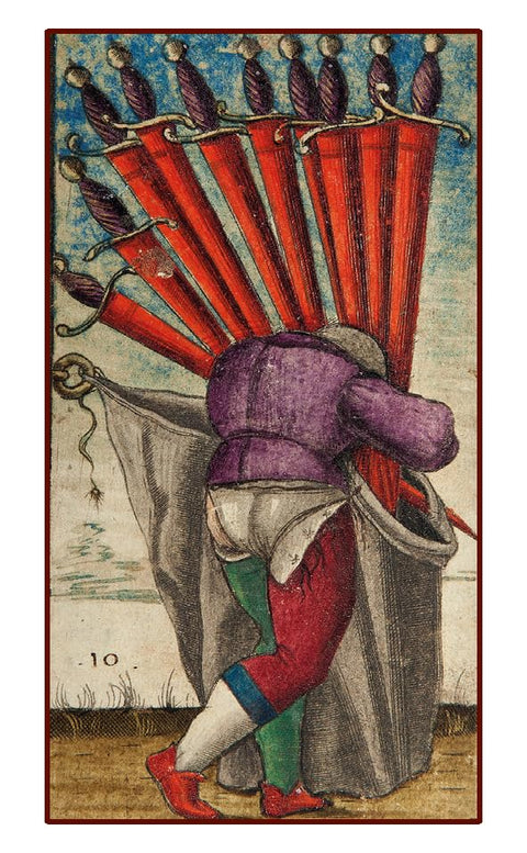 tarot korta Dešimt lazdelėlių ant pergamento, ryškiai raudonos lazdelės, purpurinis drabužis, vintage spauda 30×50 cm
