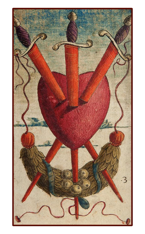 tarot korta Trijų kalavijų, antikvarinis spaudinys su raudona širdimi pervertą trimis kalavijais ir vainiku apačioje