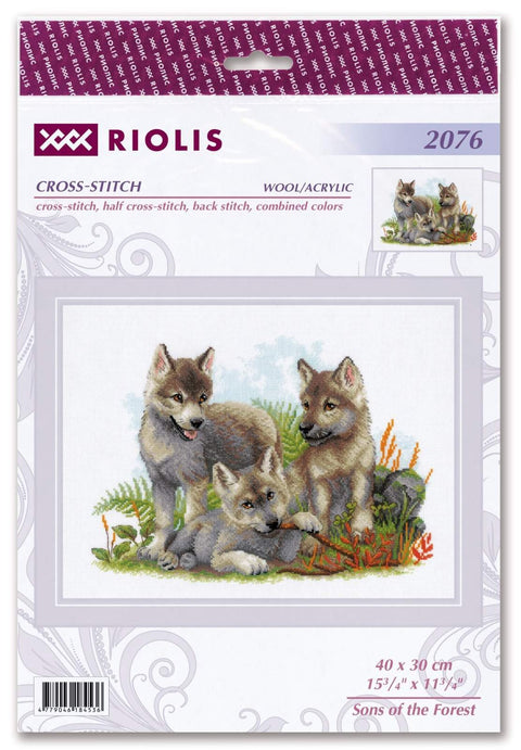 Kryželiu siuvinėjimo rinkinys Riolis, 40 x 30 cm, vilkiukų motyvas pilkšvų ir rudų tonų siūlais, pakuotės priekyje parodytas komplektas