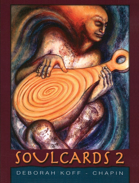 Soulcards 2 kortų kaladė su Deborah Koff‑Chapin viršeliu — abstrakti figūra laiko medinę liutnę, tamsiai bordo rėmas