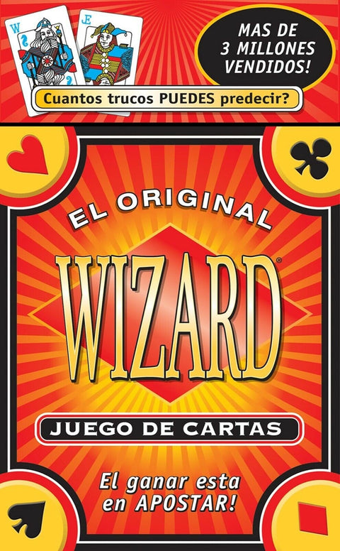 Raudona-oranžinė Wizard kortų žaidimo pakuotė su dideliu logotipu, vertikalus priekinis vaizdas produkto puslapyje