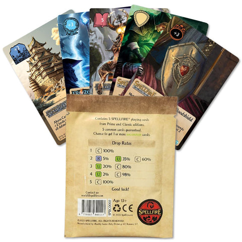Spellfire kortelių paketas – 5 kortelės (Prime ir Classic variantai), pakuotėje matomi garantuotų ir retų kortelių iškritimo procentai