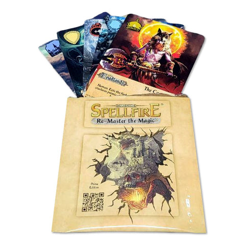 Kortų žaidimas Spellfire Prime Edition, kremine dėžutė su ugnine kaukole ir išskėstomis keliosiomis kortomis