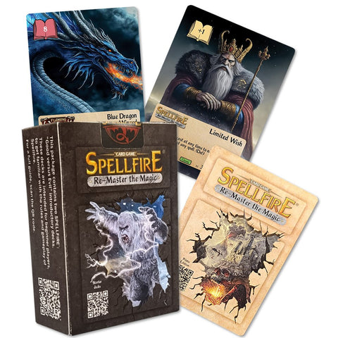 Spellfire kortų žaidimas – juoda starterio dėžutė su trimis kortomis: mėlynas drakonas, karalius ir iliuminuota nugarėlė