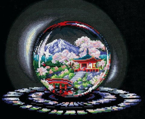 Kryželių rinkinys su baigtu rutulio kompozicijos motyvu — japonų šventovė, sakuros žiedai ir kalnai juodame fone