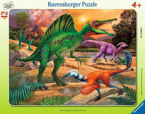 Dėlionė Ravensburger 42 det. vaikams su spalvingu dinozaurų parko piešiniu ir žaliu Spinosauro centru