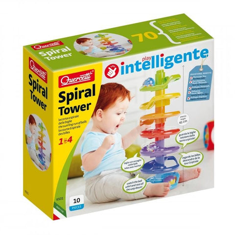 Spiral Tower edukacinis daugiaspalvis 45 cm kamuoliukų trasa, pakuotėje parodyta naudojimo demonstracija