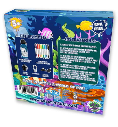 Splat Planet spalvinama aliuminė gertuvė 600 ml „Jūra“ – 8 flomasteriai, 2 dangteliai, karabinas