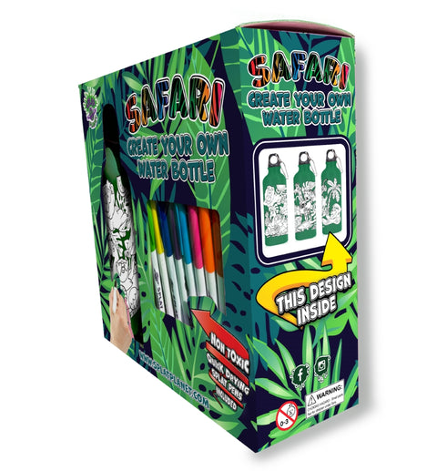 Splat Planet spalvinama aliumininė gertuvė vaikams 600 ml – Safari rinkinys su 8 flomasteriais