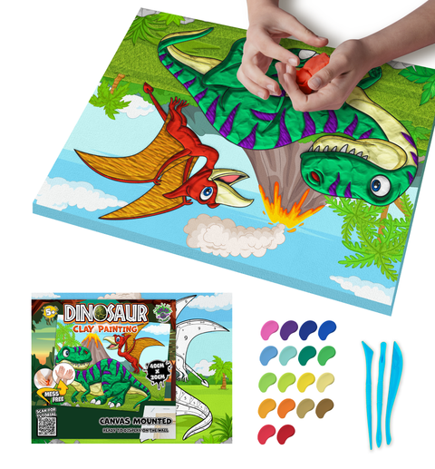 Splat Planet modelino paveikslas „Dinozaurai“ 30x40 cm – kūrybinis rinkinys vaikams, 20 spalvų, drobė, 5+