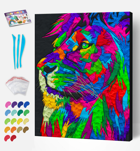 Splat Planet modelino paveikslas „Liūtas“ 30×40 cm – kūrybinis rinkinys vaikams 5+, 20 spalvų, drobė, 3 įrankiai