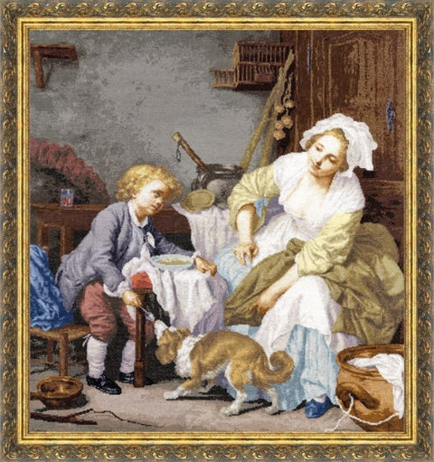 Gobelenas auksiniu ornamentuotu rėmu, idiliška XVIII a. stiliaus virtuvės scena su motina, vaiku ir kate, skirtas kabinti ant sienos