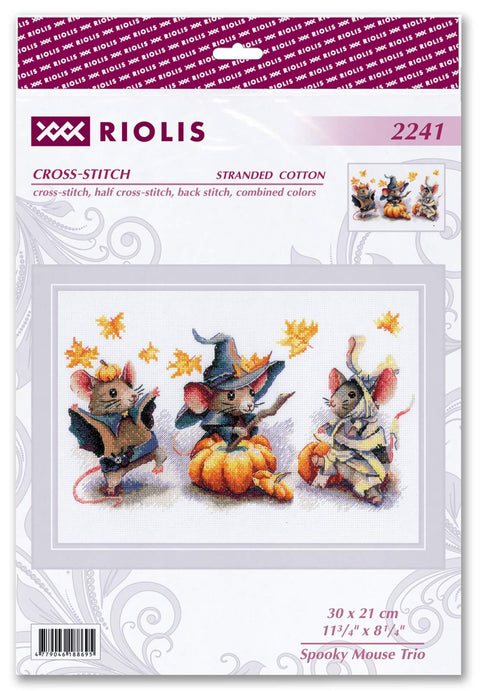 Kryželių rinkinys Riolis: Helovino peliukų trijulė ant drobės 30×21 cm, moliūgai, skrybėlės ir kostiumai
