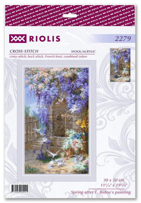 Kryželių rinkinys Riolis 30×50 cm, vertikalus pakuotės leidimas su violetiniais vijokliais ir baltomis balandėmis, skirtas interjerui
