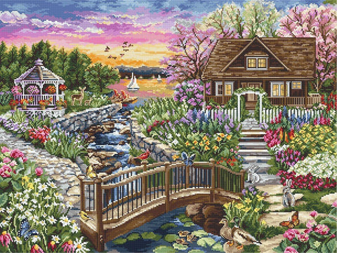 Kryželių rinkinys: namelio sodo peizažas 60×80 cm, pavasarinės ryškios spalvos, pilnas siuvimo komplektas