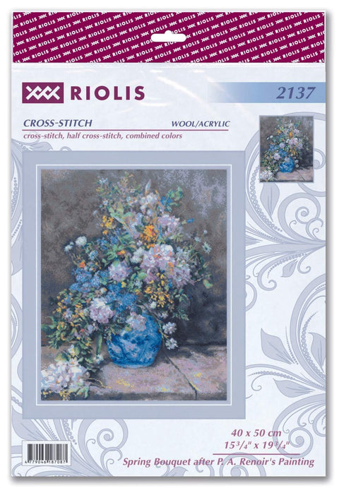 Kryželių rinkinys Riolis 40×50 cm su mėlyna vaza ir pavasario gėlių puokšte, pakuotės priekinis dizainas