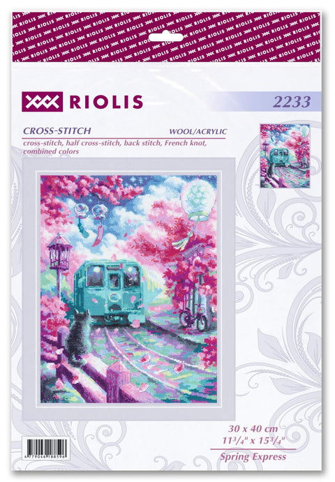 Siuvinėjimo rinkinys Riolis 30×40 cm Spring Express, spalvotas pavyzdys su žalsvu traukiniu, rožiniais sakuromis ir katinu