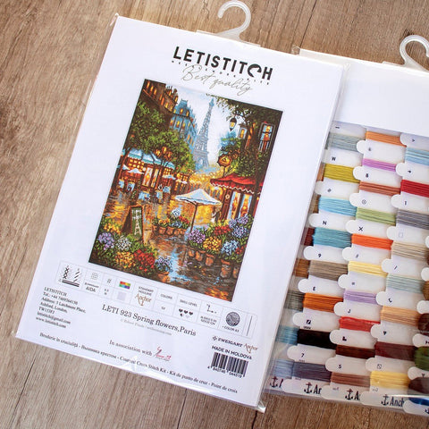 Siuvinėjimo rinkinys LETISTITCH „Spring Flowers, Paris“ su paketu audinio priekinio dangčio ir susortuotų spalvotų siūlių organizatoriumi
