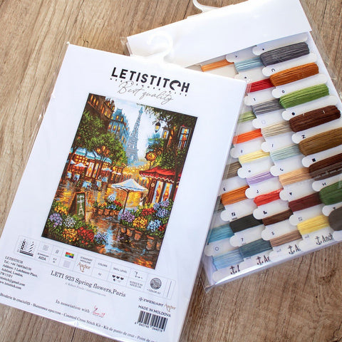 Kryželių rinkinys Letistitch Spring flowers, Paris — Aida drobė ir spalvotos siūlų kortelės matomos ant pakuotės priekio