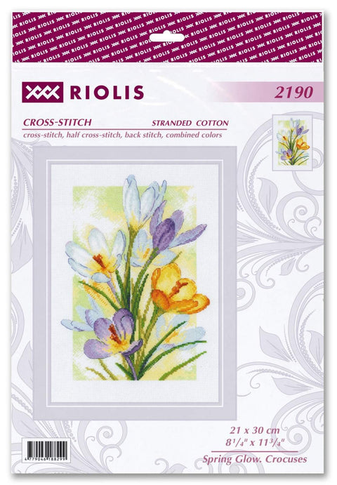 Kryželių siuvinėjimo rinkinys Riolis su violetinėmis ir geltonomis krokusų gėlėmis, komplekte 21×30 cm pakuotės viršelis
