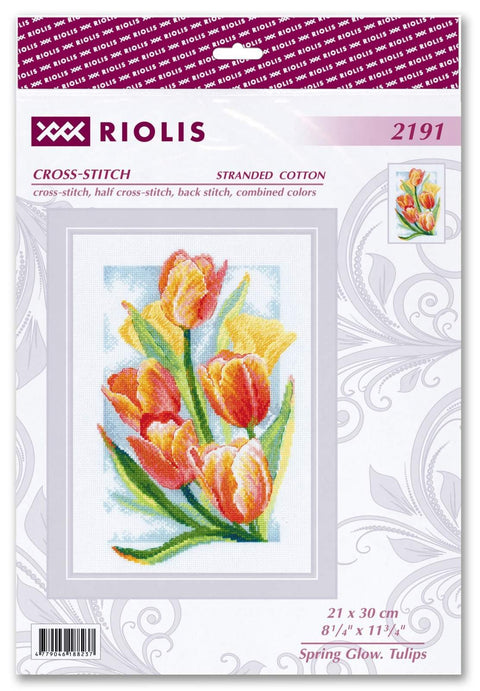 Kryželių rinkinys Riolis — pakuotėje modelis oranžinių ir geltonų tulpių, skirtas darbui ant 21×30 cm audinio