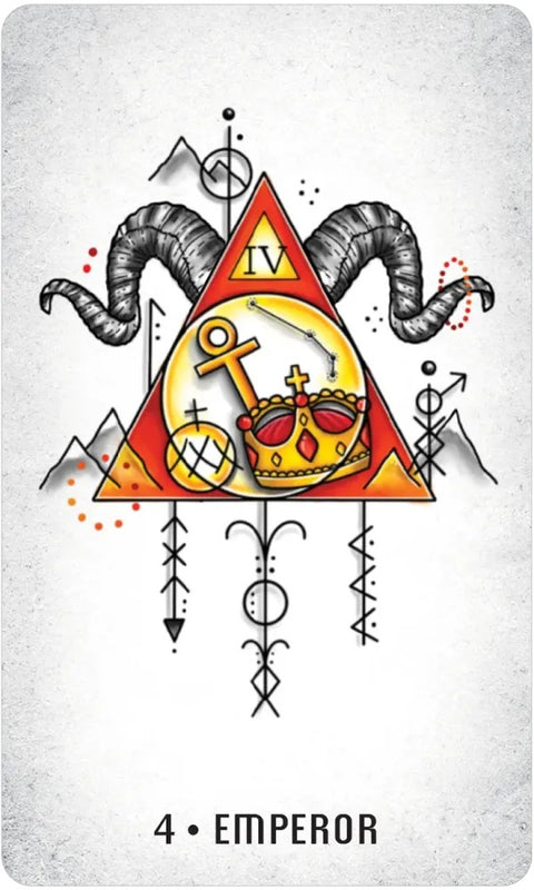 Tarot korta Imperatorius — ryškūs raudoni ir geltoni simboliai, trikampis dizainas su karūna, inkaru ir ožkos ragais