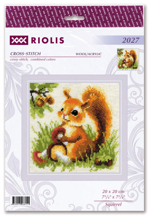 Kryželių rinkinys Riolis, 20×20 cm, vilna/akrilo siūlai, oranžinė voverė sėdi ant žolės laikydama riešutą