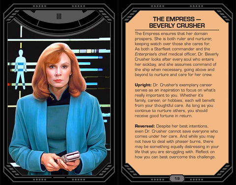Kolekcinė kortelė The Empress – Beverly Crusher, retro portretas mėlyname kostiume su reikšmės tekstu ir numeriu 19