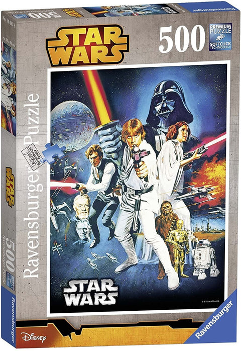 Star Wars dėlionė Ravensburger 500 dalių — klasikinis filmo plakatas su Luke'u, Leia, Darth Vader ir kosminėmis scenomis