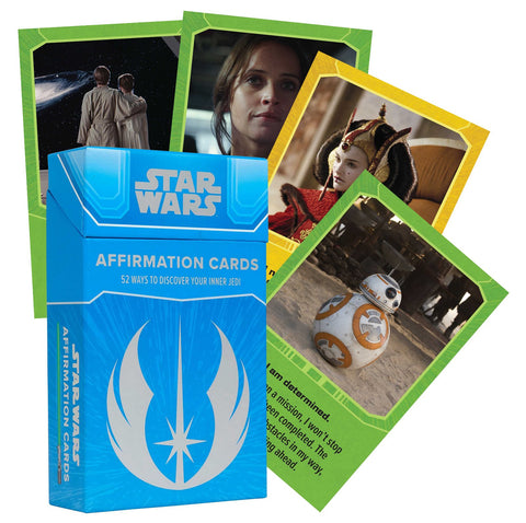 Star Wars afirmacijos kortos mėlynėje dėžutėje (52 vnt.), pakuotės priekinis kampas su BB‑8 ir kitų veikėjų iliustracijomis