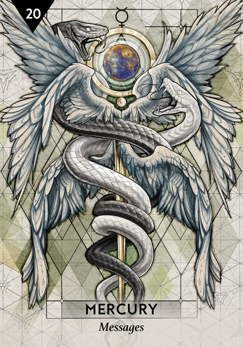tarot korta Merkurijus, mėlyno‑pilko iliustracija su caduceus simboliu, dvi susivijusios gyvatės ir plačiai išskleisti sparnai