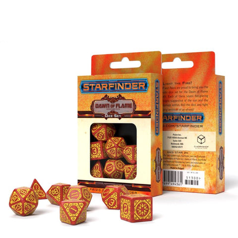 Kauliukų rinkinys Starfinder Dawn of Flame, raudoni su auksiniu raštu, 7 polihedriniai kauliukai išdėstyti prie pakuotės priekinės dalies