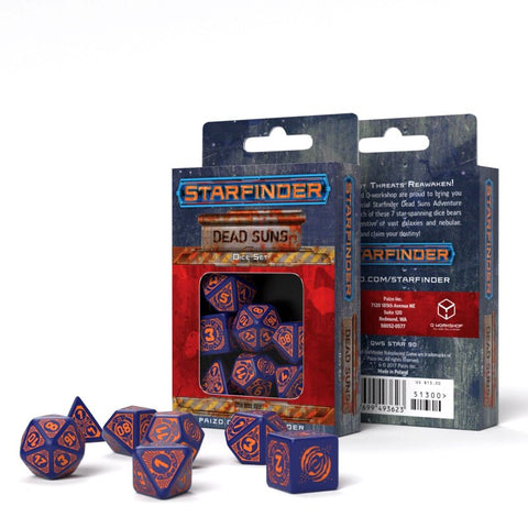 Kauliukai Starfinder Dead Suns, violetiniai su oranžiniais skaičiais, 7 dalių rinkinys šalia atidarytos dėžutės