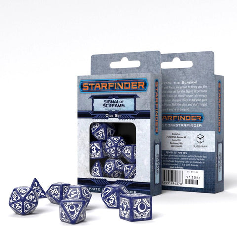 Starfinder kauliukų rinkinys mėlynas "Signal of Screams" su dėžute priekyje ir išdėstytais laisvais kauliukais