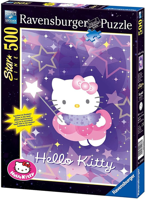Hello Kitty dėlionė Ravensburger 500 dalių, violetinė žvaigždžių scena su tamsoje švytinčiais elementais, dėžės priekyje
