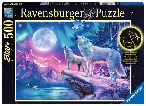 Dėlionė Ravensburger 500 dalių su dviem vilkais ant skardžio, violetiškai mėlyna panorama ir švytinčiu tamsoje efektu