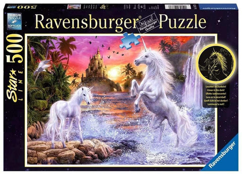 Ravensburger dėlionė 500 detalių, vienaragių saulėlydžio motyvas su švytinčiais tamsoje elementais