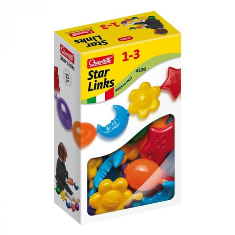 Jungiamieji karoliukai Star Links — spalvoti plastikiniai elementai (gėlės, mėnulis, žvaigždė), 21 vnt. pakuotėje, skirti vaikams 1–3 m.