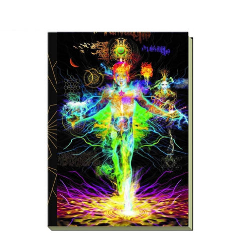 Plakatas psichodelinė žmogaus figūra neoninėmis spalvomis, 60×90 cm vertikalus meno printas su energetiniais simboliais ir ryškia spalvų kontrastu
