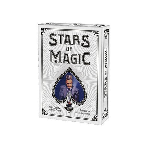 Magijos kortų kaladė Stars of Magic, baltas dizainas su stilizuota širdimi ir mago iliustracija, standartinė dydžio kaladė