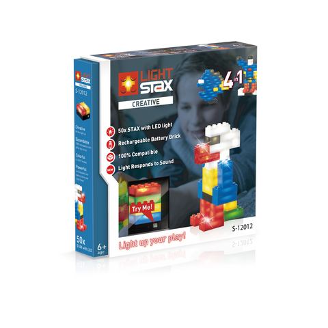 STAX System 50 šviečiančių LED kaladėlių rinkinys – suderinamas su LEGO®, USB įkraunamas konstruktorius 6+