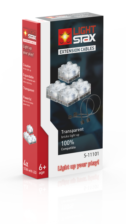 STAX System LED šviečiančių kaladėlių rinkinys su prailginimo kabeliais, 2x2 skaidrios, 30 cm ir 50 cm, suderinama su LEGO®