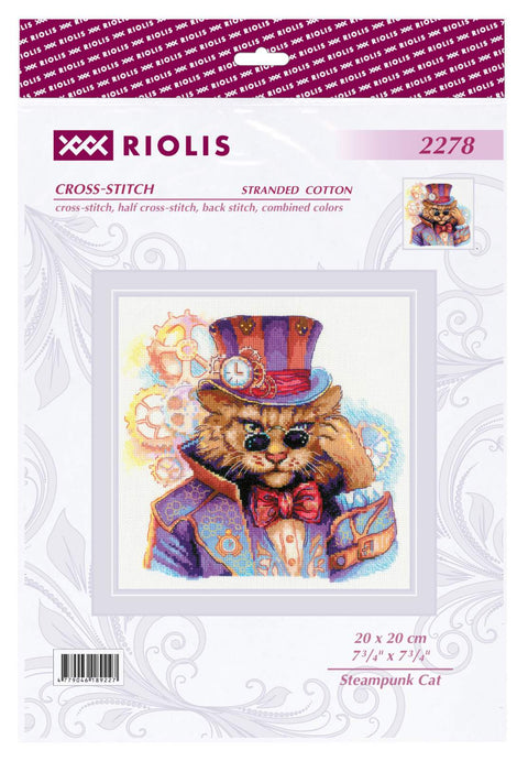 Siuvinėjimo rinkinys Riolis 20×20 cm – spalvingas steampunk katinas su cilindru, akiniais ir mechaninėmis detalėmis