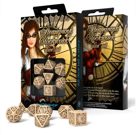 Kauliukai steampunk stiliaus, kreminės spalvos 7 dalių rinkinys su dekoratyviniais laikrodžio raižiniais ir priekyje matoma pakuotė