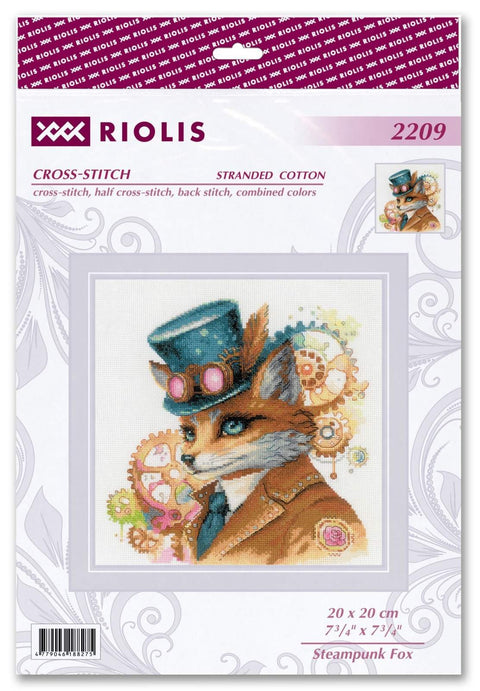 Kryželių rinkinys Riolis Steampunk Fox, 20×20 cm, spalvotas lapės portretas su cilindru ir smulkiomis mechaninėmis detalėmis