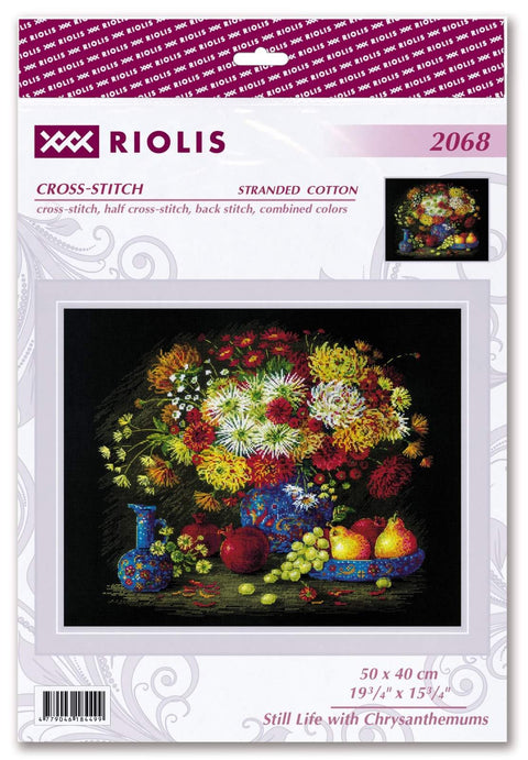 Kryželių rinkinys Riolis 50×40 cm — sodrios spalvos puokštė chrizantemų ir vaisių ant juodo fono